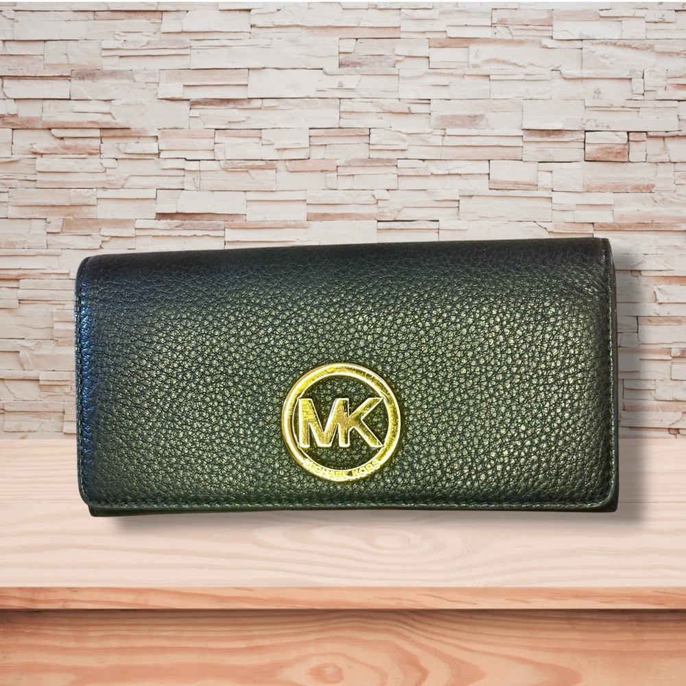 Michael Kors Black Leather Wallet with Gold MK Logo